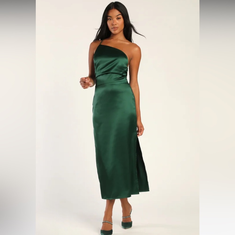 Call Me Confident Green Satin One-Shoulder
Lace-Up Midi Dress